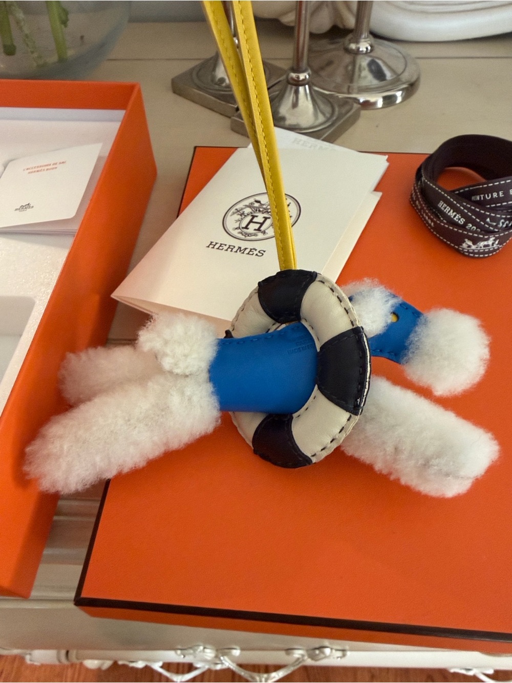 Hermes Budy bag charm A LA MER Merinos Blue Leather Charm with Yellow Strap